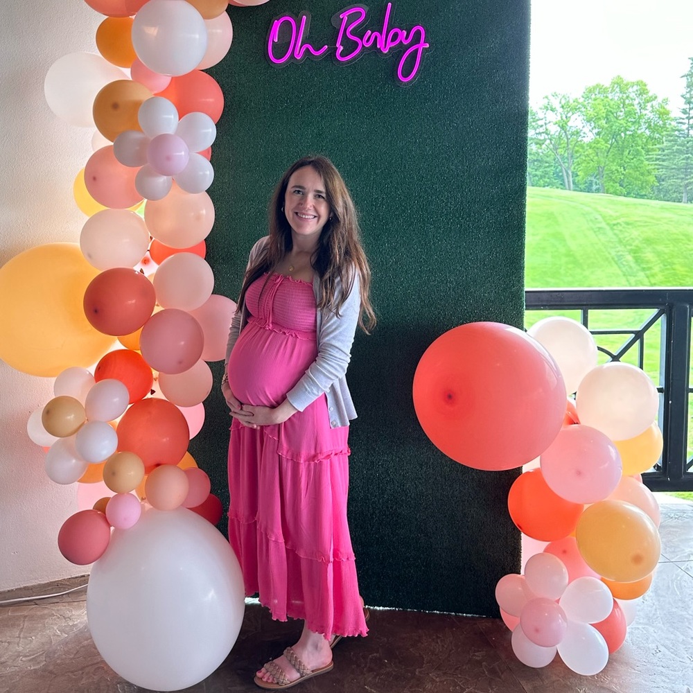 Pink ruffle, maternity midi dress